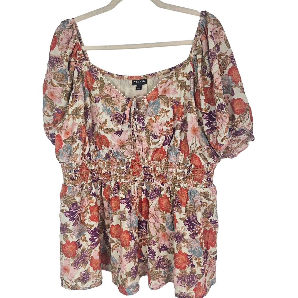 Torrid Top Babydoll Top Floral Blouse Women 1X Puff Sleeve Blouse Smocked Top
